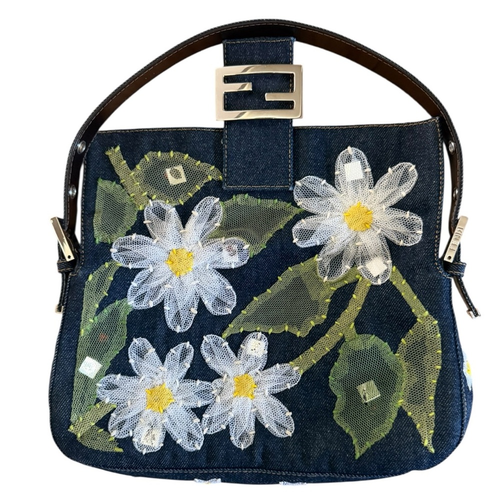 Vintage Fendi Daisy Embroidered Denim Baguette Flower Mesh Appliqué Y2K Bag - Picture 7 of 16